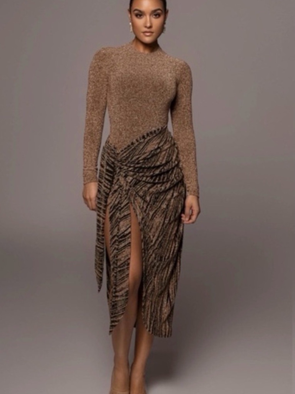 JLUXLABEL Metallic Bronze Long-Sleeve Ruched Midi Dress - Picture 3 of 4